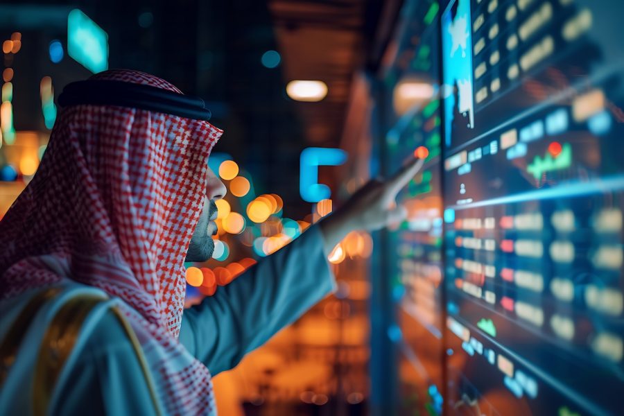 A Saudi Arabian Gulf businessman pointing his hand at the stock exchange screen.