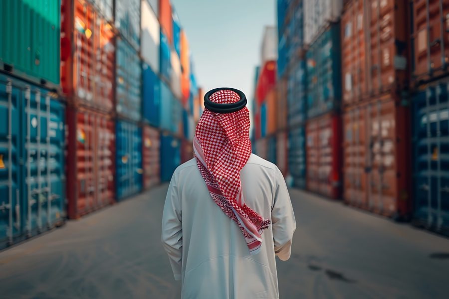 Saudi Gulf Arab man wearing a traditional white thobe and red shemagh, back view, standing in front of shipping containers shipping goods overseas background image.